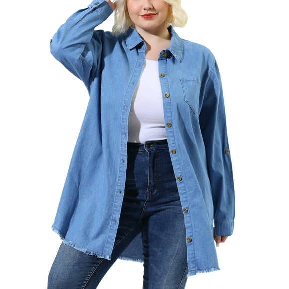 Agnes Orinda Women's Plus Size Long Sleeve Button Down Denim Long Chambray Shirt 1X Blue
