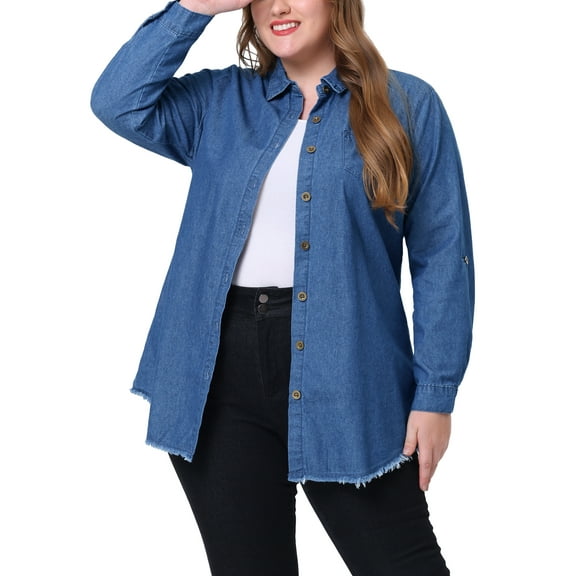 Plus Size Shirts for Women Chambray Top Button Down Denim Shirts Tops 2025 1X Navy Blue