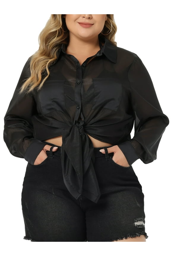 Women's Plus?Size Long Sleeve Button Down Sheer Shirt 3X Black