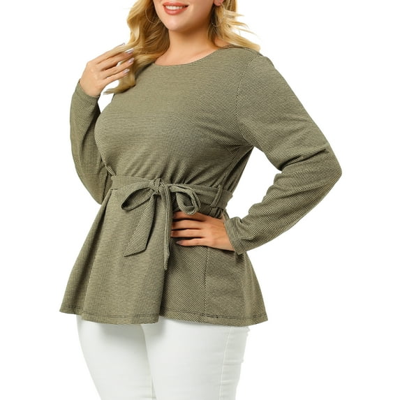 Agnes Orinda Women's Plus Size Long Sleeves Houndstooth Top Belted Tie Waist Tunic Blouse 2X Beige