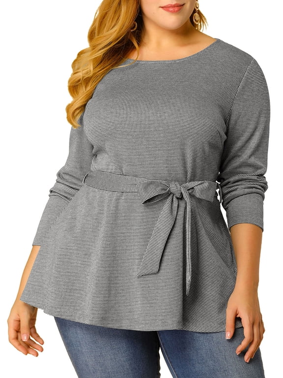Women's Plus Size Long Sleeves Houndstooth Top Belted Tie Waist Tunic Blouse 2X Black