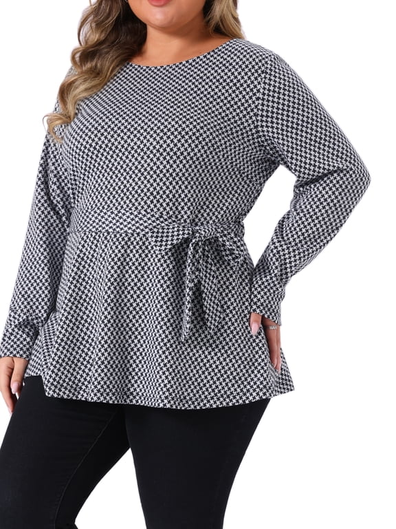 Women's Plus Size Long Sleeves Houndstooth Top Belted Tie Waist Tunic Blouse 3X Dark Blue