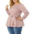 thumbnail image 1 of Agnes Orinda Women's Plus Size Long Sleeves Houndstooth Top Belted Tie Waist Tunic Blouse 3X Pink, 1 of 8