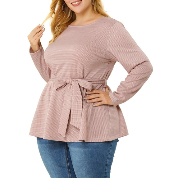 Agnes Orinda Women's Plus Size Long Sleeves Houndstooth Top Belted Tie Waist Tunic Blouse 4X Pink