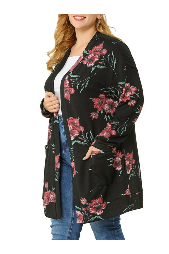 Women's Plus Size Duster Floral Sweater Lightweight Cardigan 2X Black