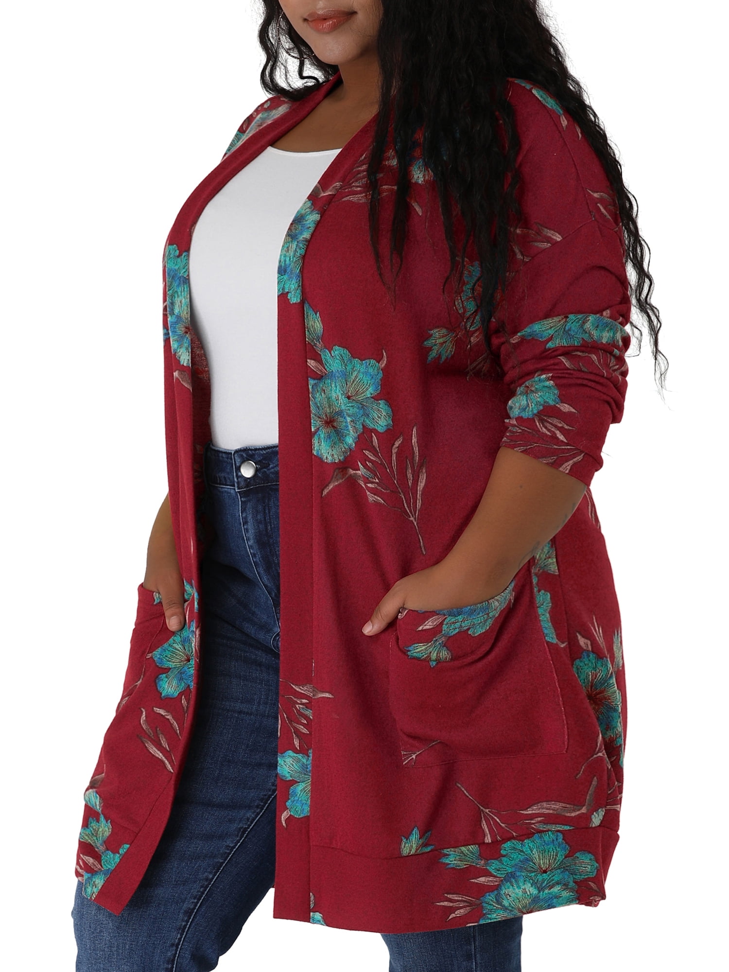 Agnes Orinda Women's Plus Size Floral Cardigan - Lightweight Long Sleeve Knit With Pockets