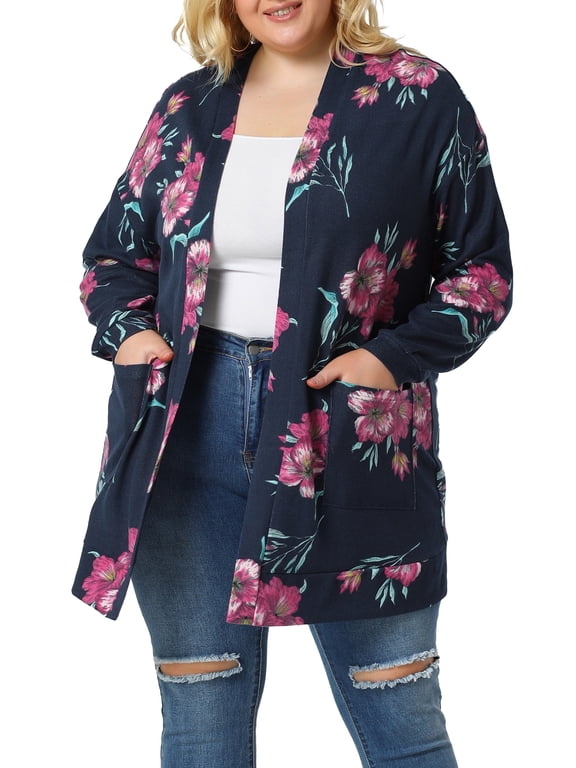 Women's Plus Size Duster Floral Sweater Lightweight Cardigan 2X Navy Blue