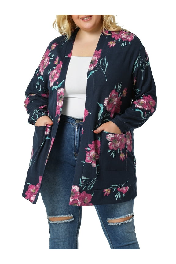 Women's Plus Size Duster Floral Sweater Lightweight Cardigan 2X Navy Blue