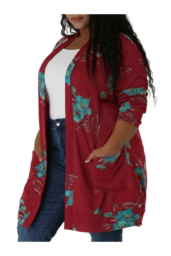 Women's Plus Size Duster Floral Sweater Lightweight Cardigan 3X Burgundy