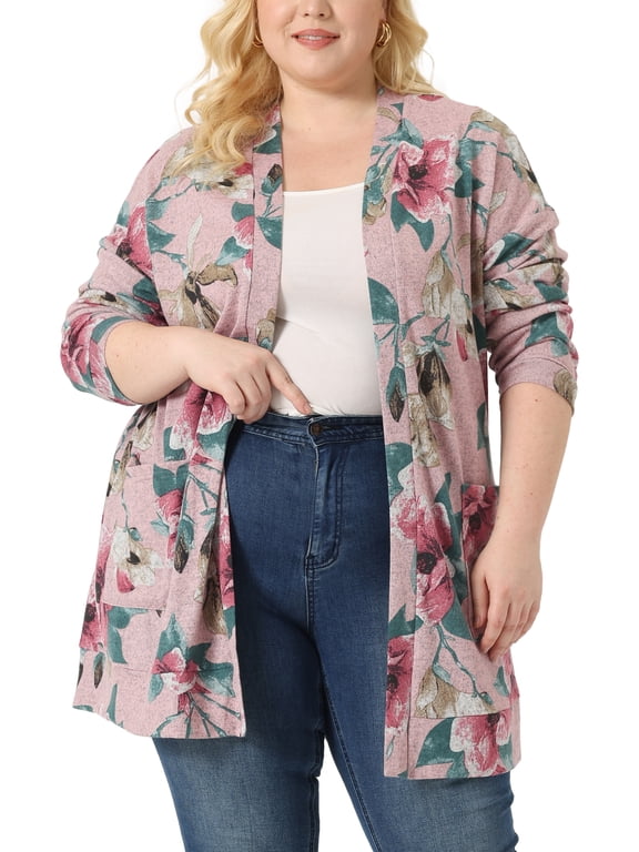 Women's Plus Size Duster Floral Sweater Lightweight Cardigan 4X Pink