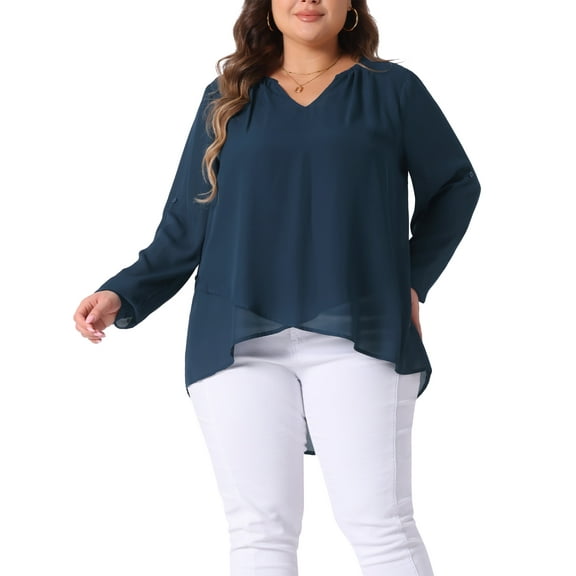 Agnes Orinda Women's Plus Size Long Sleeve Notch V Neck High Low Hem Layer Casual Tunic Tops 4X Navy Blue
