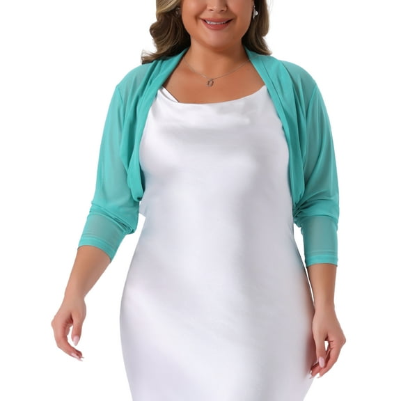 Agnes Orinda Women's Plus Size Long Sleeve Open Front Sheer See Through Mesh Bolero Shrug Crop Cardigans 1X Cyan