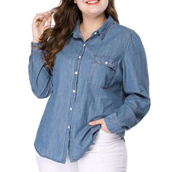 Agnes Orinda Women's Plus Size Long Sleeve Point Collar Denim Casual Shirt 1X Blue