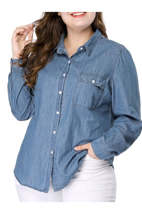 Women's Plus Size Long Sleeve Point Collar Denim Casual Shirt 4X Blue