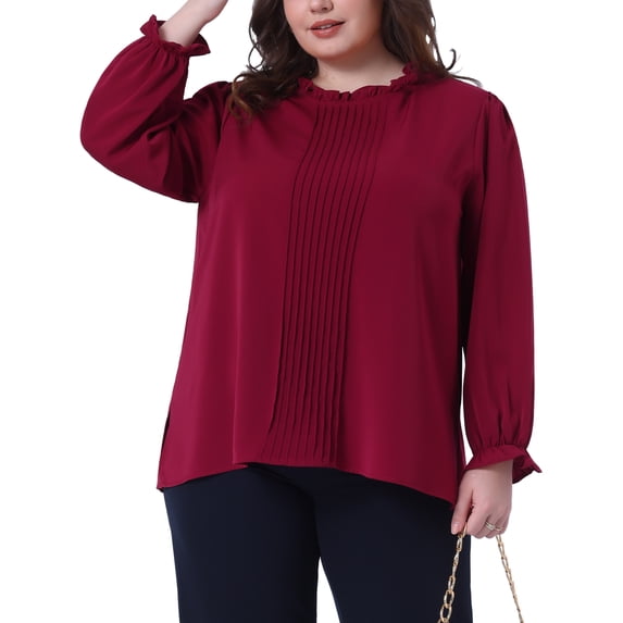 Agnes Orinda Women's Plus Size School College Tops Pleated Long Sleeve Crew Neck Elastic Cuffs Office Elegant Blouse 1X Burgundy