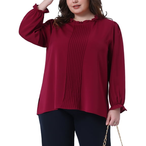 Agnes Orinda Women's Plus Size Tops Pleated Long Sleeve Crew Neck Elastic Cuffs Office Elegant Blouse 4X Burgundy