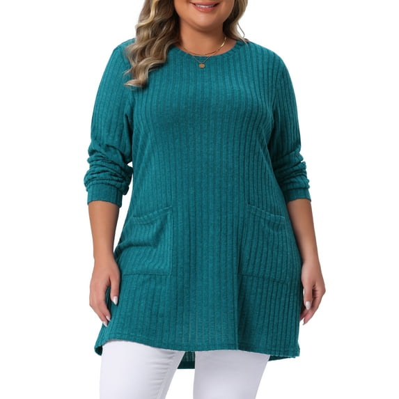 Agnes Orinda Plus Size Sweaters for Women Round Neck Long Sleeve Ribbed Knit Loose Pocket Pullover Top 1X Lake Blue