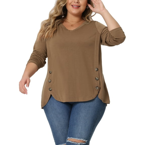 Agnes Orinda Women's Plus Size Valentines Day Long Sleeves Tops V Neck Loose Button Decor Blouses 1X Brown