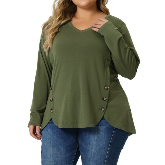 Agnes Orinda Women's Plus Size Valentines Day Long Sleeves Tops V Neck Loose Button Decor Blouses 2X ArmyGreen