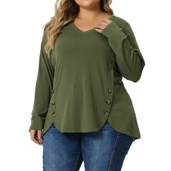 Agnes Orinda Women's Plus Size Valentines Day Long Sleeves Tops V Neck Loose Button Decor Blouses 2X ArmyGreen