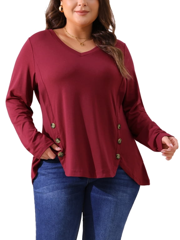 Women's Plus Size Halloween Outfits V-Neck Long Sleeve Blouse Loose Fit Top with Decorative Buttons & Irregular Hem 2X Burgundy