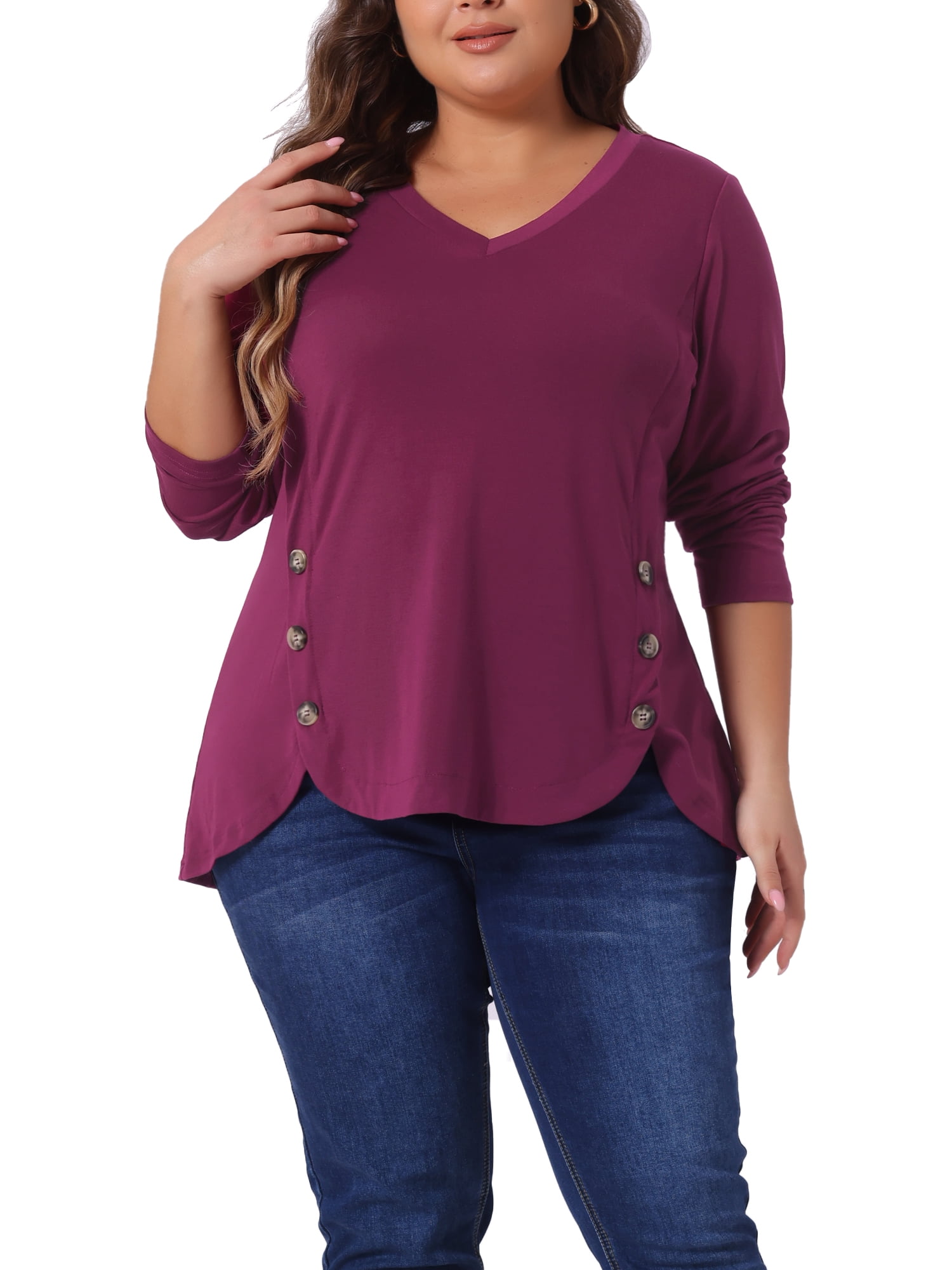 Agnes Orinda Women's Plus Size Long Sleeves Tops V Neck Loose Button ...