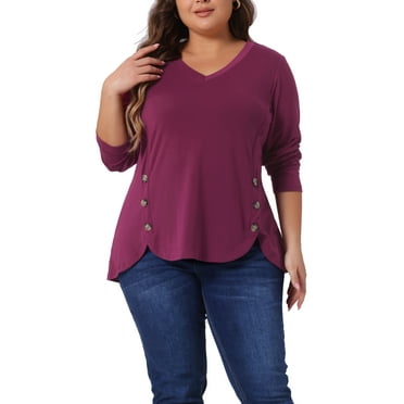 Agnes Orinda Women's Plus Size Long Sleeve Tops V Neck Loose Shirt Button Decor Blouses 3X Fuchsia