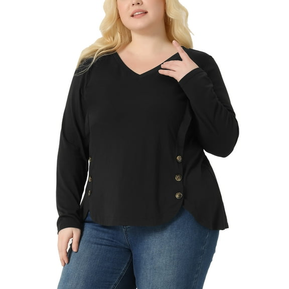 Agnes Orinda Women's Plus Size Valentines Day Long Sleeves Tops V Neck Loose Button Decor Blouses 4X Black