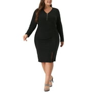 AGNES ORINDA Women's Plus Size Long Sleeve V Neck Zipper Sequin Sparkly Bodycon Dress 4X Black