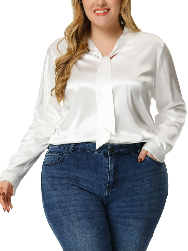Agnes Orinda Women's Plus Size Satin Silk Blouse, Long Sleeve Tie Neck,  Work Office Shirt - Walmart.com, image size:800x1067