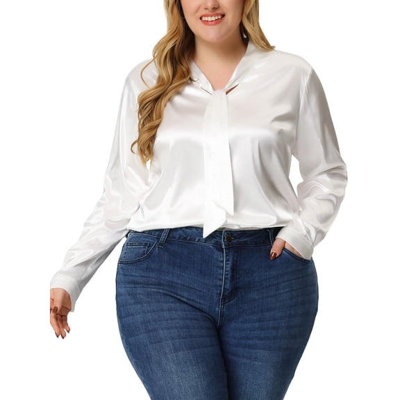 Agnes Orinda Women's Plus Size Long Sleeve  Work Office Tie Neck Long Sleeves Satin Shirts 2X White