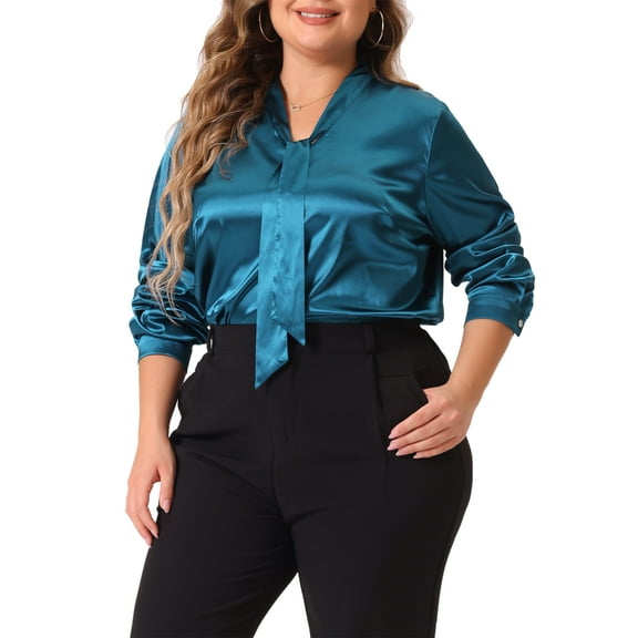 Agnes Orinda Women's Plus Size Long Sleeve  Work Office Tie Neck Long Sleeves Satin Shirts 4X Peacock Blue