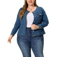 thumbnail image 1 of Agnes Orinda Women's Plus Size Long Sleeves Collarless Car Coat Denim Jacket 1X Light Blue, 1 of 9