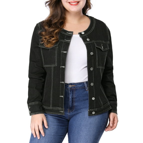 Agnes Orinda Women's Plus Size Long Sleeves Collarless Car Coat Denim Jacket 3X Black