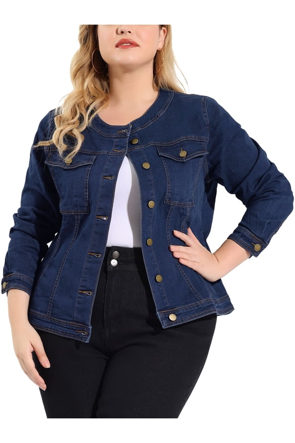 Women's Plus Size Long Sleeves Collarless Car Coat Denim Jacket 3X Blue