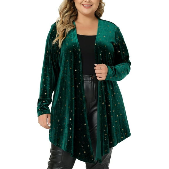 Agnes Orinda Women's Plus Size Long Sleeves Open Front Stars Velet Cardigan 3X Green