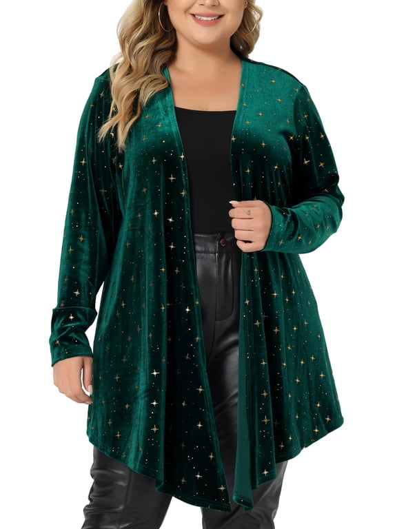 Women's Plus Size Long Sleeves Open Front Stars Velet Cardigan 3X Green