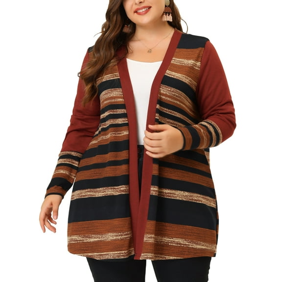 Agnes Orinda Women's Plus Size Long Sleeves Open Front Striped Spring Fall Thin Boho Sweater Cardigan 1X Red