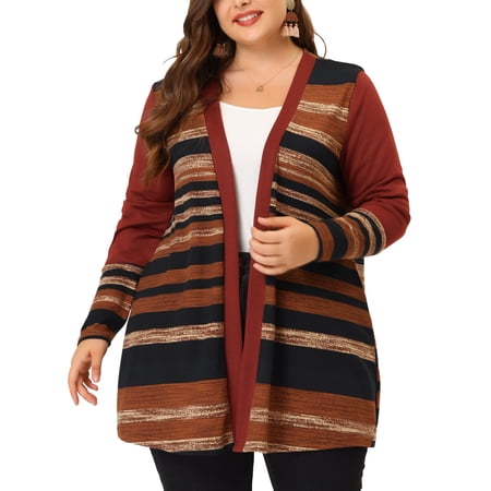 Agnes Orinda Women's Plus Size Long Sleeves Open Front Striped Spring Fall Thin Boho Sweater Cardigan 2X Red
