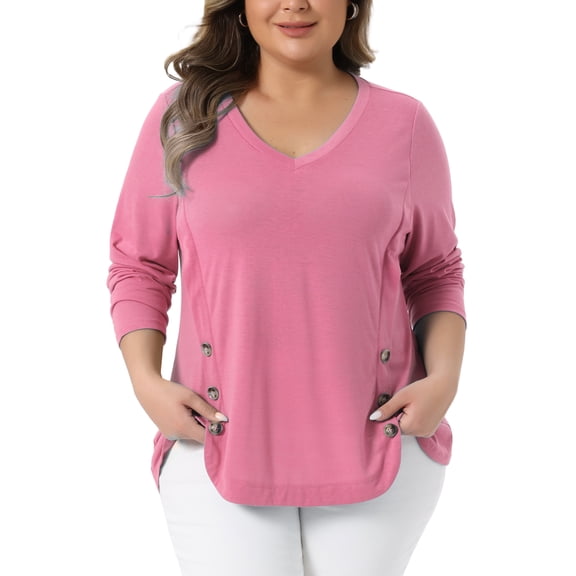 Agnes Orinda Women's Plus Size Valentines Day Long Sleeves Tops V Neck Loose Button Decor Blouses 1X Pink