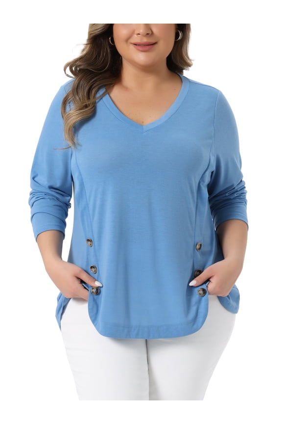 Women's Plus Size Long Sleeves Tops V Neck Loose Button Decor Blouses 2X Gray Blue