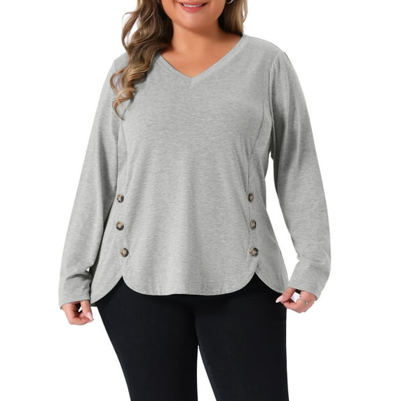 Agnes Orinda Women's Plus Size Valentines Day Long Sleeves Tops V Neck Loose Button Decor Blouses 1X Gray