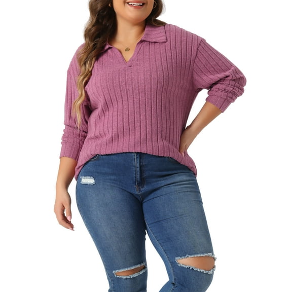 Agnes Orinda Women's Plus Size Loose Polo V Neck Long Sleeve T Shirts Tops Collared Ribbed Brushed Top Sweater Casual