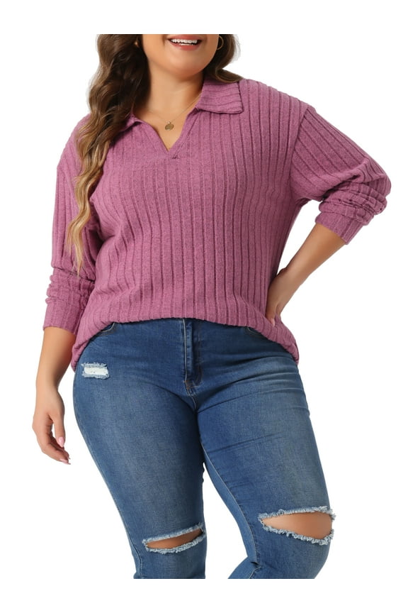 Women's Plus Size Loose Polo V Neck Long Sleeve T Shirts Tops Collared Ribbed Brushed Top Sweater Casual
