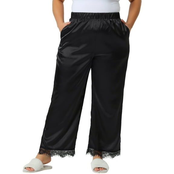 Agnes Orinda Women's Plus Size Lounge Pants Satin Lace Trim Elastic Soft Wide Leg Sleepwear Pajama Pants