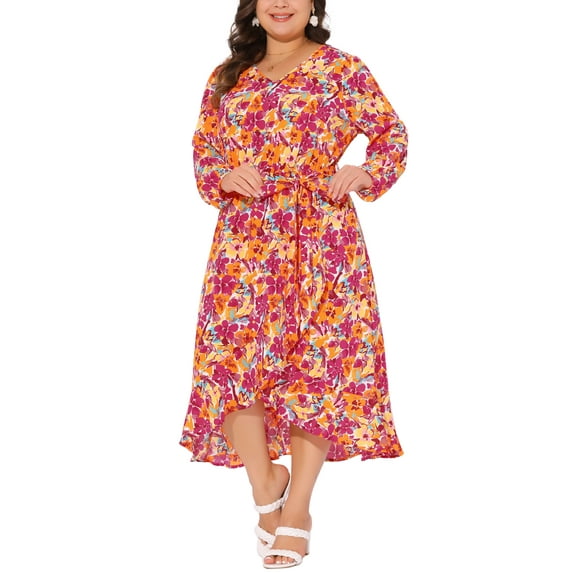 Agnes Orinda Women's Plus Size Maxi Dress Long Sleeve V Neck Chiffon Floral Long Dress with Belt 2X Red