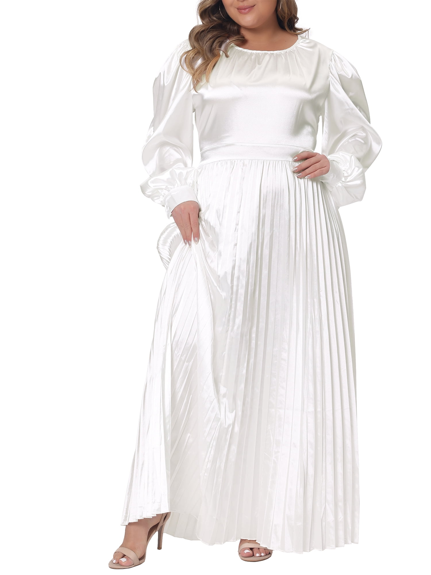 Agnes Orinda Women's Plus Size Maxi Dresses Lantern Long Sleeve Flowy Swing  Pleated Maxi Dresses 1X White - Walmart Business Supplies