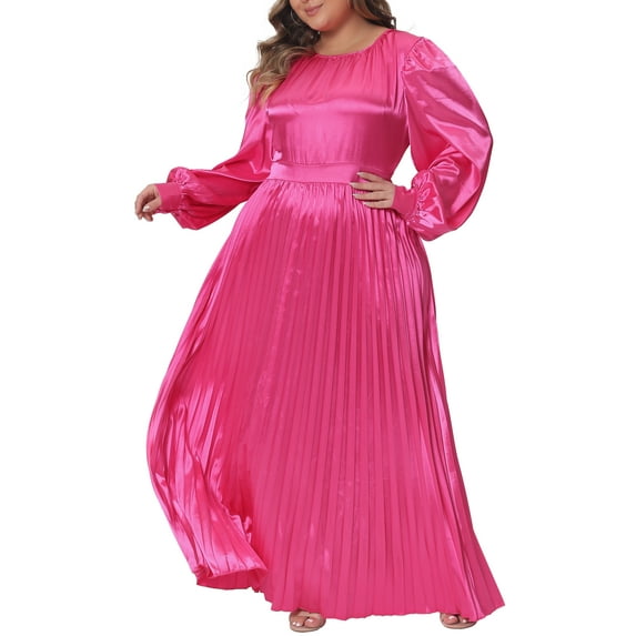Agnes Orinda Women's Plus Size Maxi Dresses Lantern Long Sleeve Flowy Swing Pleated Maxi Dresses 3X Hot Pink