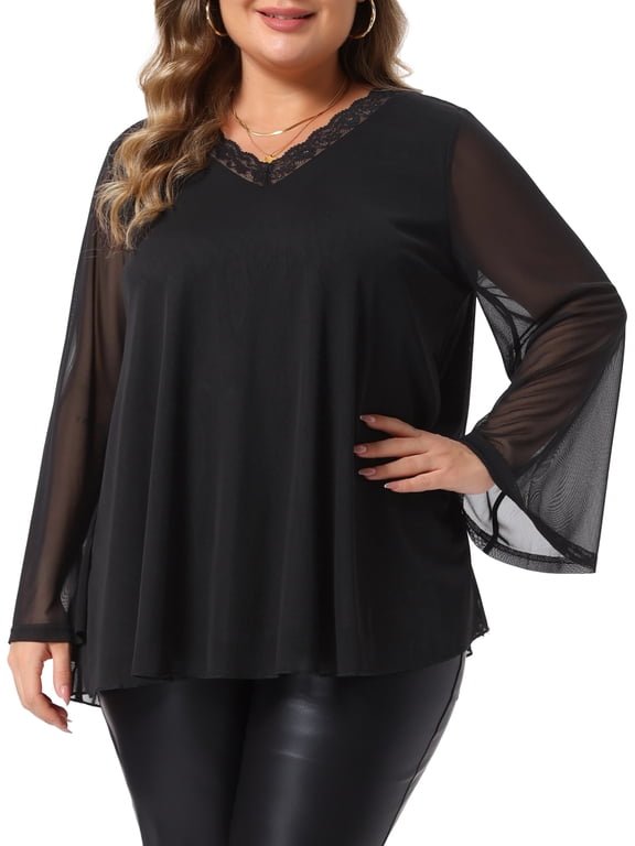 Women's Plus Size Halloween Outfits Mesh Top Lace V Neck Sheer Long Flared Bell Sleeve Double Layer Elegant Chiffon Tunic Blouse 2X Black