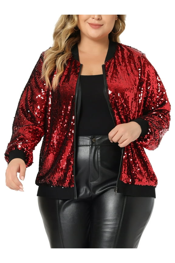 Women's Plus Size Metallic Jacket Sparkle Party Sequin Bomber Jackets - Agnes Orinda 2X Red